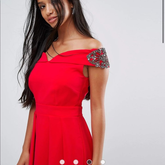 Little Mistress Petite Embellished Off Shoulder Wrap Mini Dress ASOS - Picture 2 of 8